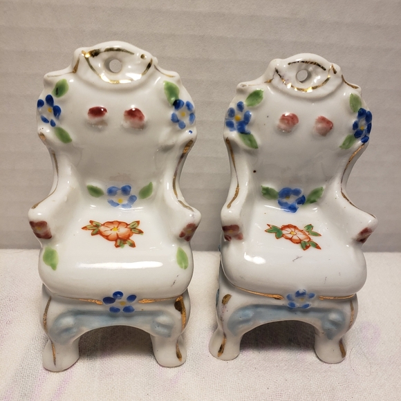 Vintage Two (2) Japan "Forget Me Nots" Porcelain Doll House Chairs - Picture 2 of 8